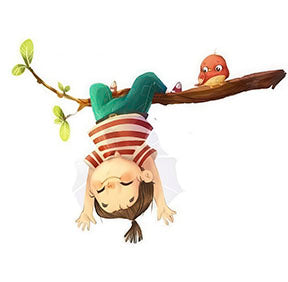 Playful upside down kid canvas hanging from tree branch in joyful illustration