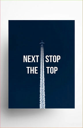 Dark blue aviation-themed canvas with "Next Stop The Top" motivational message in MDF frame with glass front