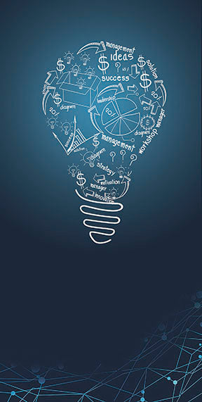 Blue business ideas lightbulb canvas with MDF frame and glass front panel