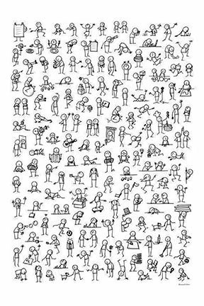 Black and white doodle people activity canvas on MDF frame with glass front, water and dust resistant surface
