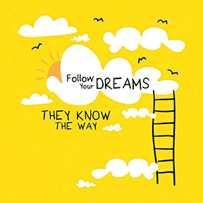 Bright yellow Follow Your Dreams canvas with ladder design in MDF frame and glass front