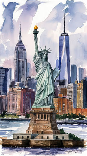 Statue of Liberty canvas wall art with New York City skyline in watercolor style on premium canvas