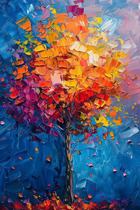 Abstract colorful tree canvas wall art with vibrant palette knife textures and bold warm and cool tones on premium canvas