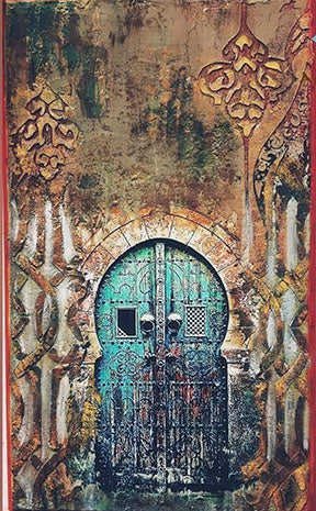 Moroccan door canvas wall art featuring ornate arched door with earthy tones on premium canvas