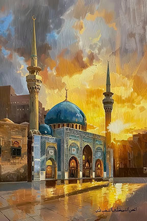 Islamic mosque canvas wall art with historic domes and minarets at sunset on premium canvas