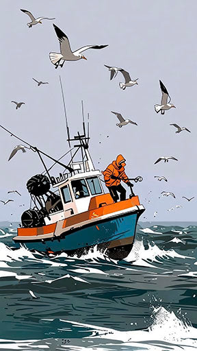 Fishing boat canvas wall art showing boat and seagulls on ocean waves with vibrant colors
