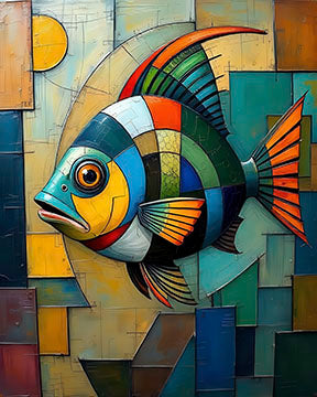 Abstract colorful fish artwork on vibrant geometric canvas wall art with rich textures