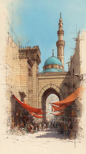 Elegant Islamic architecture street scene canvas wall art with mosque dome and minaret in soft watercolor tones