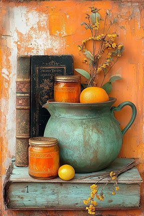 Rustic still life canvas wall art with vintage jars, books, and citrus fruits on textured background
