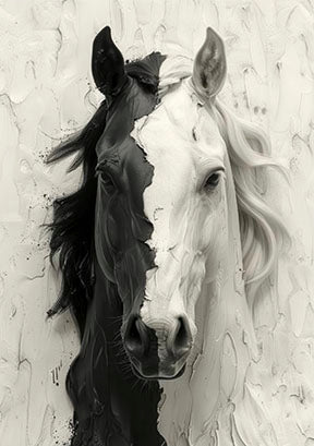Black and white horse canvas wall art with MDF frame and glass front panel showcasing a powerful horse portrait in monochrome tones