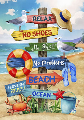Colorful beach sign canvas art with vibrant wooden seaside icons and cheerful coastal typography on premium canvas
