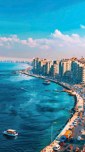 Aerial view of Alexandria Corniche coastline with turquoise Mediterranean Sea and city skyline on canvas art