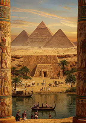 Ancient Egyptian pyramids overlooking Nile River with decorated columns and hieroglyphics canvas art