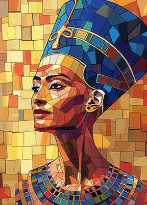 Modern Nefertiti mosaic canvas art with geometric gold and blue design on premium canvas