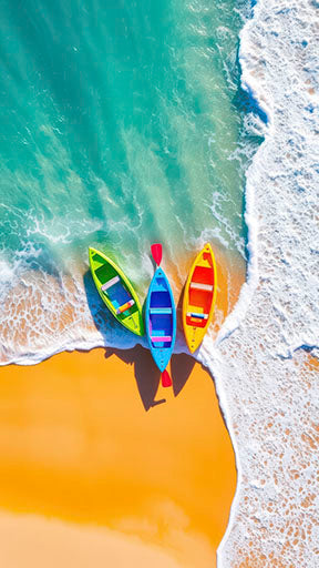 Aerial view of three colorful kayaks on golden sandy beach with turquoise waves, vibrant canvas art