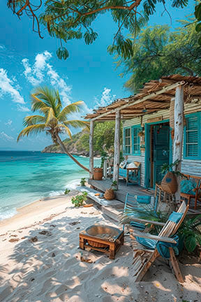 Tropical beach house coastal canvas art with palm trees and turquoise waters on premium canvas