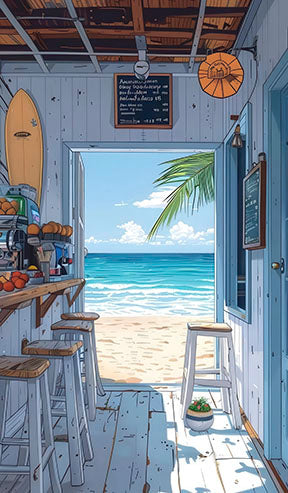 Seaside beach bar view of turquoise ocean and sandy shore canvas art with MDF frame and glass front