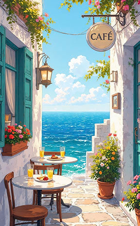 Seaside cafÃƒÆ’Ã‚Â© terrace overlooking blue sea with flowers and shutters canvas art