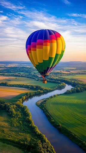 Colorful hot air balloon flying over winding river and green countryside on canvas artwork with MDF frame