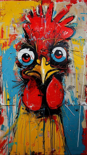 Colorful pop art rooster canvas with vibrant reds, blues, and yellows on premium material
