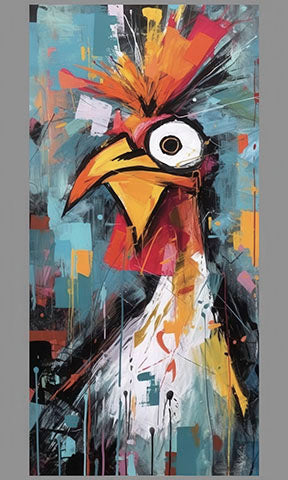 Modern abstract rooster canvas art with vibrant orange, teal, yellow, and black brush strokes on textured premium canvas in MDF frame