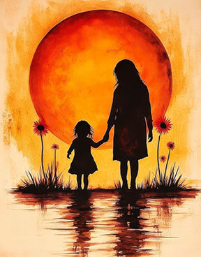 Mother and daughter sunset silhouette canvas artwork with warm orange sun and reflective water