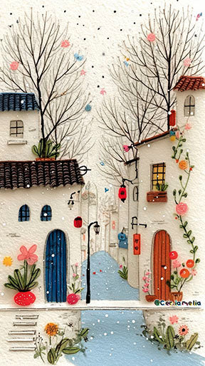 Charming village street illustration canvas with pastel houses and floral details in MDF frame