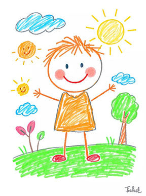 Colorful kids crayon drawing of a smiling child outdoors on canvas with MDF frame