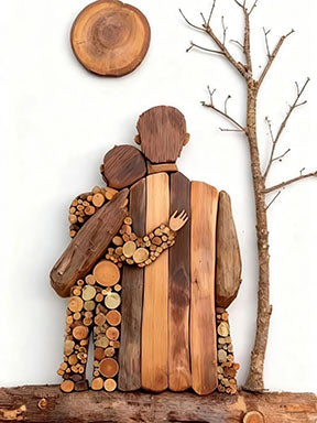 Rustic wooden family love art canvas with embracing silhouettes on natural wood background