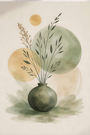 Minimalist botanical vase with delicate branches in green ceramic vase on watercolor canvas art