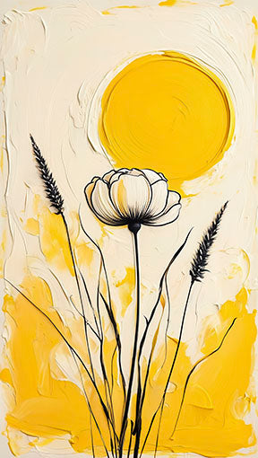 Modern yellow abstract flower canvas with wildflowers and golden sun in minimalist style
