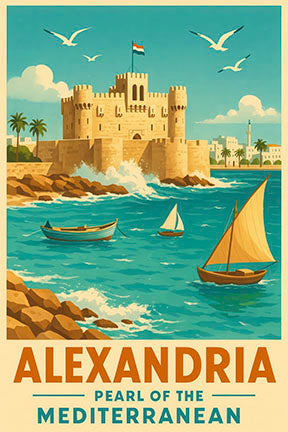 Alexandria vintage travel poster canvas featuring Qaitbay Citadel and Mediterranean coastline with sailing boats and seagulls