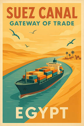 Vintage Suez Canal Egypt canvas poster with cargo ship and sunset over desert landscape