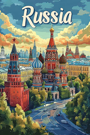 Russia Moscow vintage travel poster featuring Saint BasilÃƒÂ¢Ã¢â€šÂ¬Ã¢â€žÂ¢s Cathedral and Kremlin towers on premium canvas