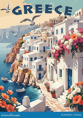 Greece Santorini vintage canvas poster of white hillside houses and blue sea with Mediterranean flowers and seagulls