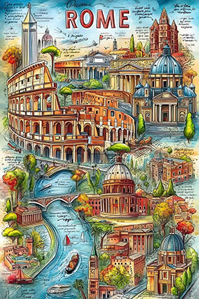 Vintage travel poster of Rome Italy landmarks on canvas with Colosseum and St. PeterÃƒÂ¢Ã¢â€šÂ¬Ã¢â€žÂ¢s Basilica