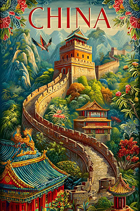 Vintage travel poster of the Great Wall of China on canvas with colorful mountains and traditional temples