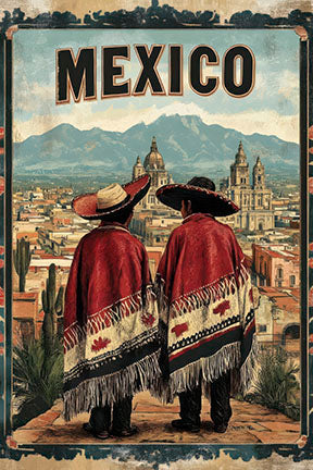 Mexico vintage travel poster canvas with traditional figures and historic cityscape on premium canvas