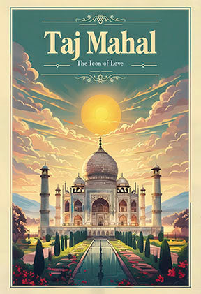 Vintage canvas artwork of Taj Mahal India with sunset and reflecting gardens
