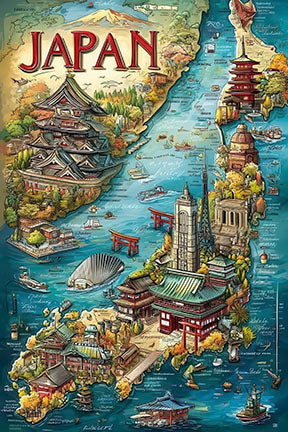 Japan vintage travel poster featuring iconic landmarks and traditional architecture on canvas with MDF frame