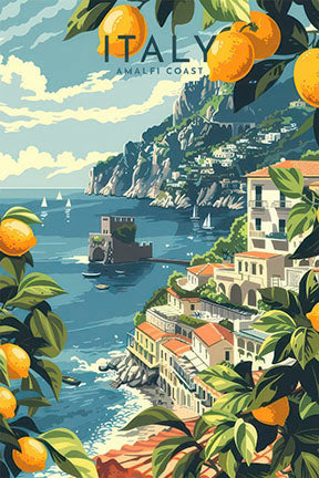 Vintage Italy Amalfi Coast travel poster on canvas with colorful villages and lemon trees