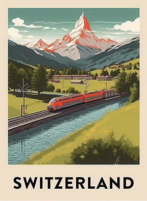 Vintage Switzerland alpine train traveling through scenic valleys with snow-capped mountains on canvas