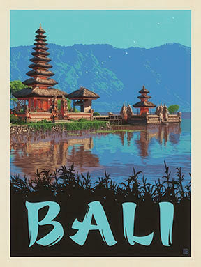 Bali Indonesia vintage travel poster canvas with traditional temple and tropical mountains