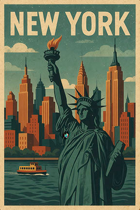 New York Statue of Liberty vintage travel poster with Manhattan skyline background