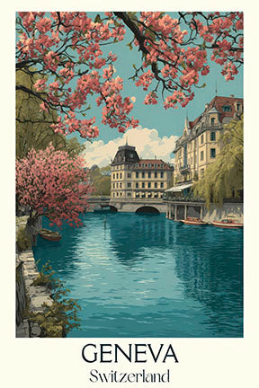 European canal with historic buildings and spring cherry blossoms vintage canvas artwork