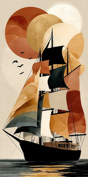 Abstract sailing ship artwork with geometric sun and warm sunset tones on canvas