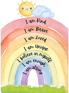 Kids positive affirmations rainbow canvas wall art with uplifting phrases and colorful watercolor design