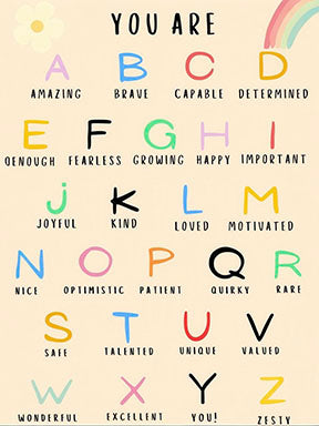 Kids positive alphabet affirmations colorful canvas wall art with uplifting qualities on MDF frame