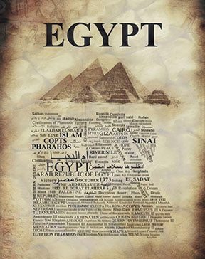 Vintage typography canvas art of Egypt pyramids in country shape on MDF frame