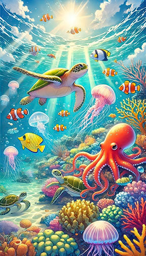 Colorful ocean animals canvas wall art featuring sea turtle, fish, jellyfish, coral, and octopus in vibrant underwater scene